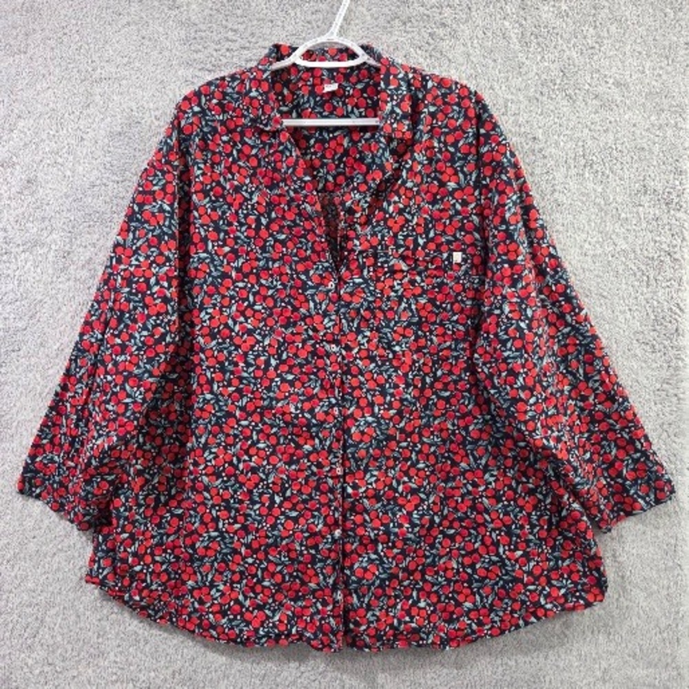 Old Navy Button Down Shirt Women's 3X Red All Over Fruit Print Cotton Plus Size